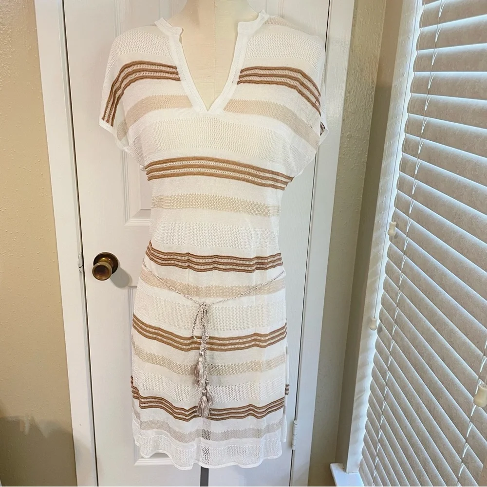 Chico's Striped Belted Semi Sheer Mesh Tunic Beach Coverup Size Small